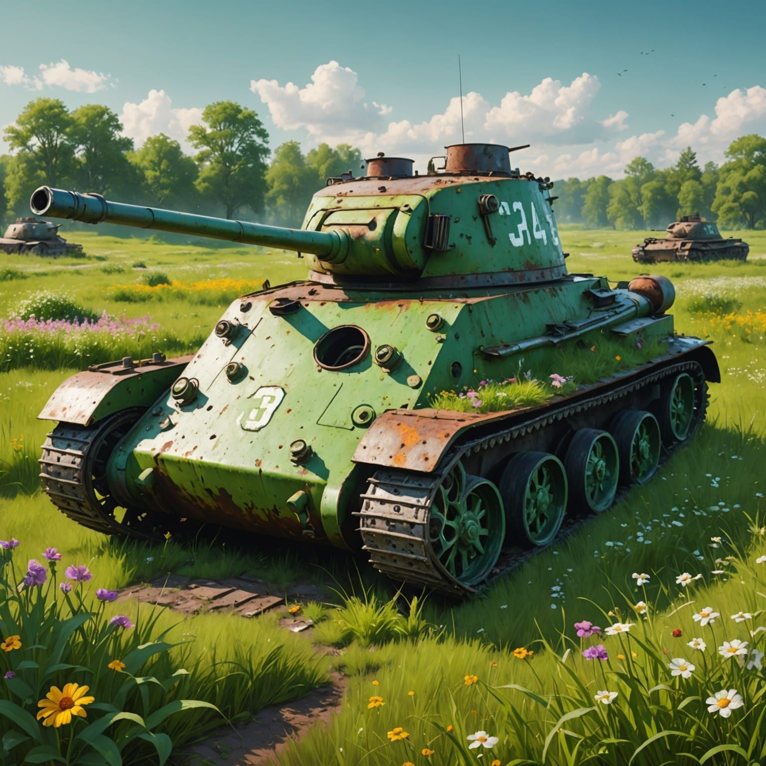 Rusting T-34 Tank in Flower Field