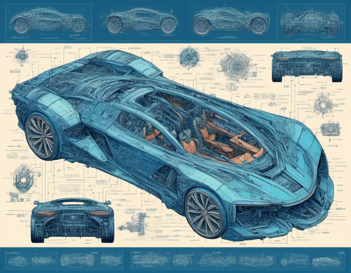 Sci-Fi Concept Car Blueprint in Blue Tones