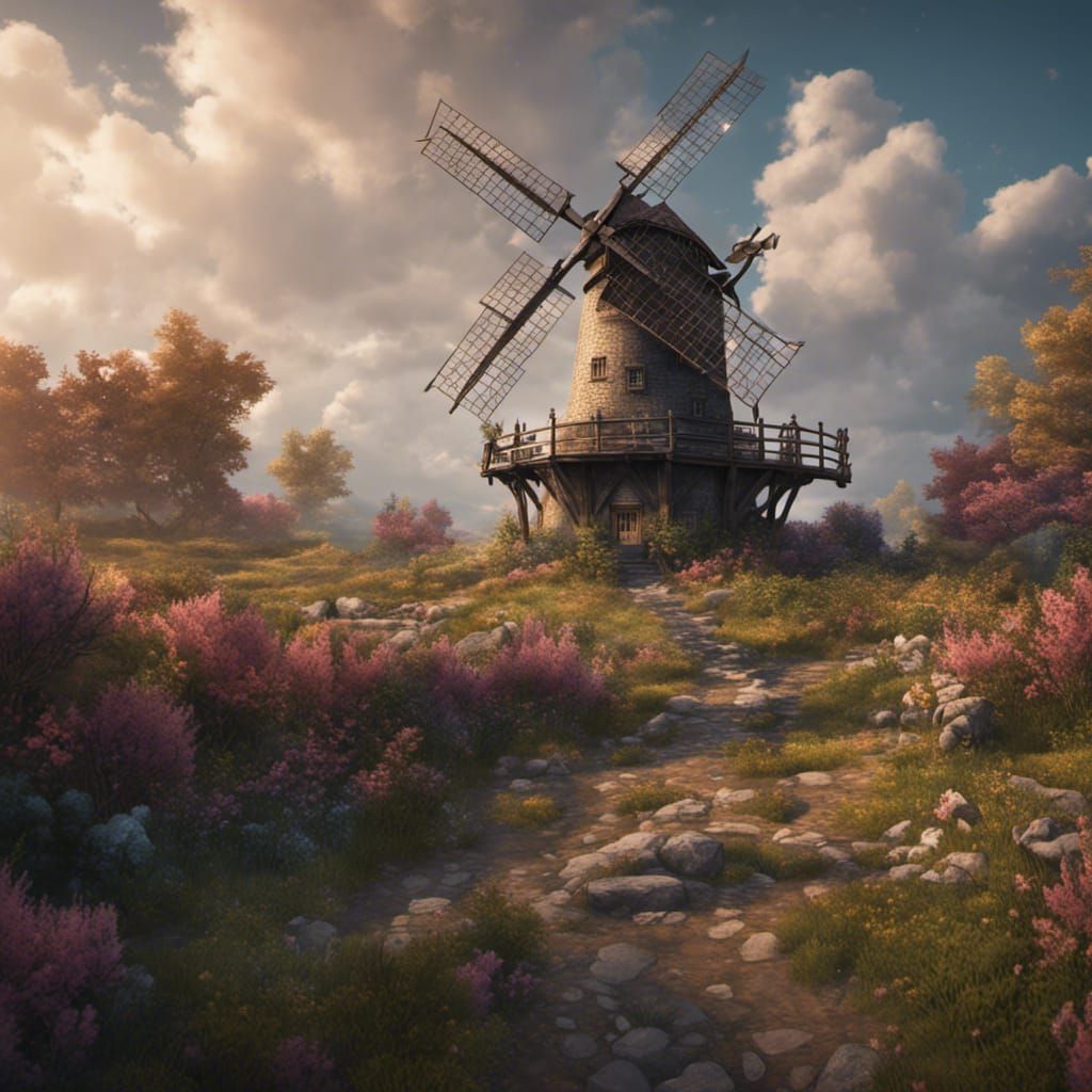 Fantastical Windmill Landscape in Detailed Matte Painting St...