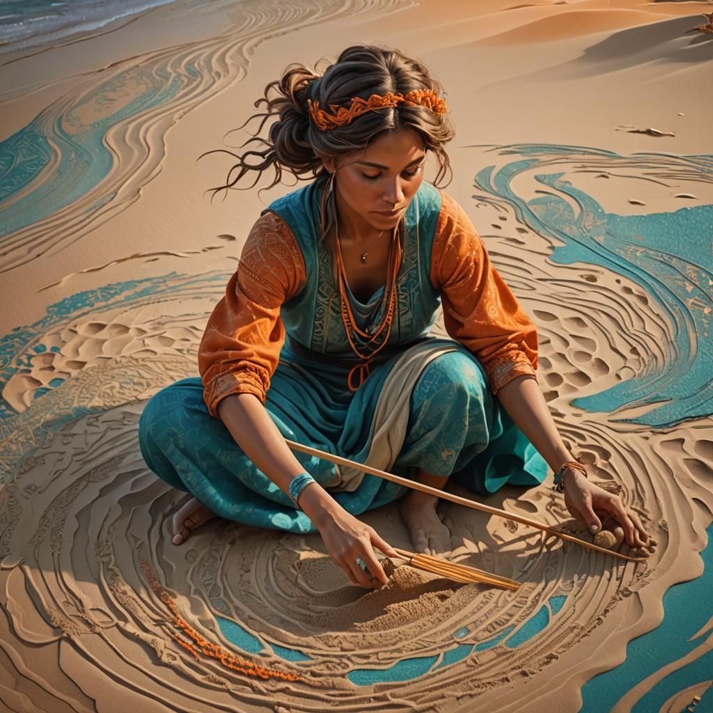 Woman Weaving Sand in Desert Beach Concept Art