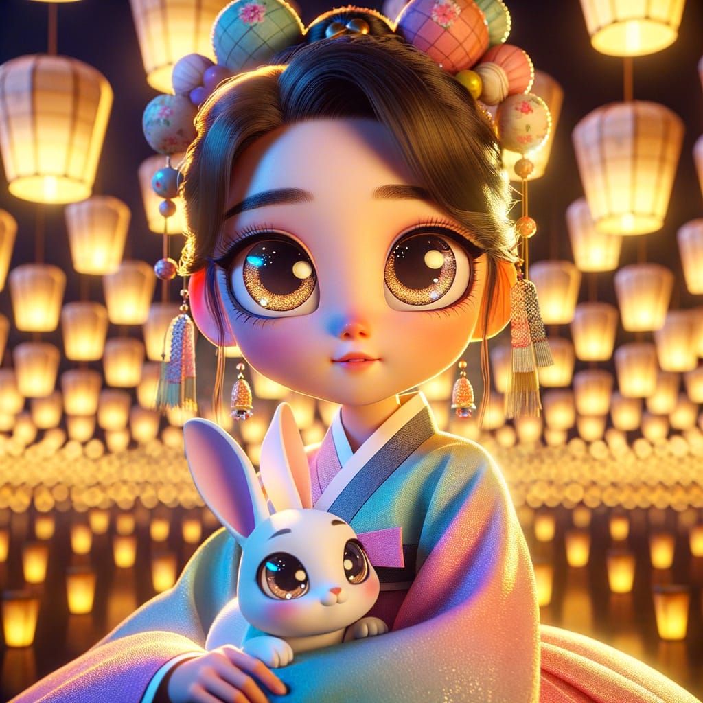 Large-Eyed Character in Pastel Hanbok With Floating Lanterns