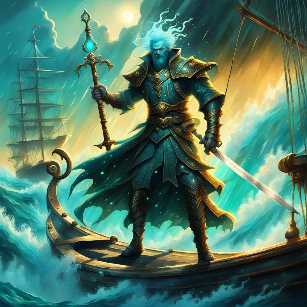 Water Warlock on Ship in Epic Fantasy Style