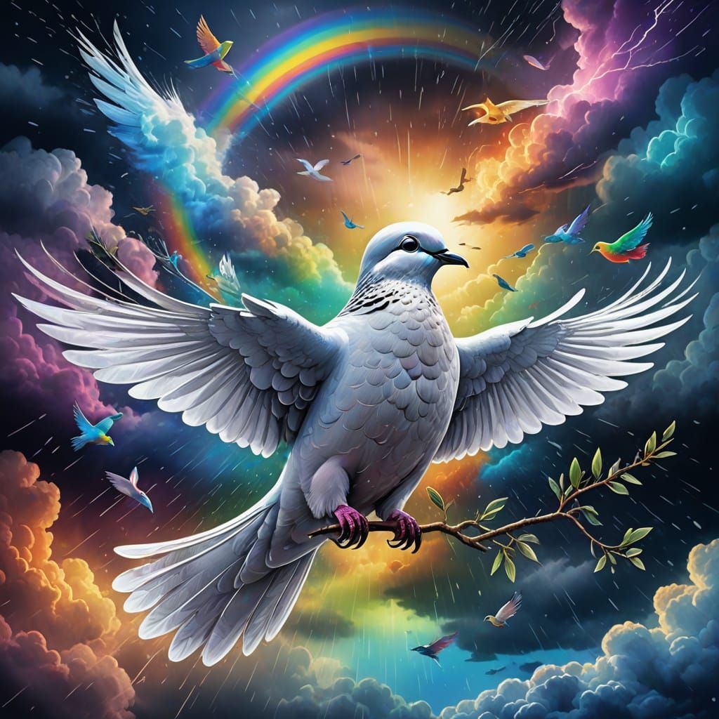 Dove with olive branch in beak. Background stormy clouds, raining with rainbow peaking out of clouds