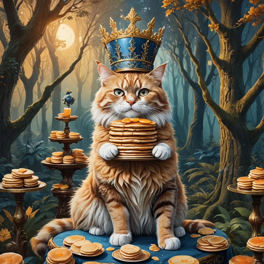 Regal Cat with Pancake Crown in Dreamlike Forest