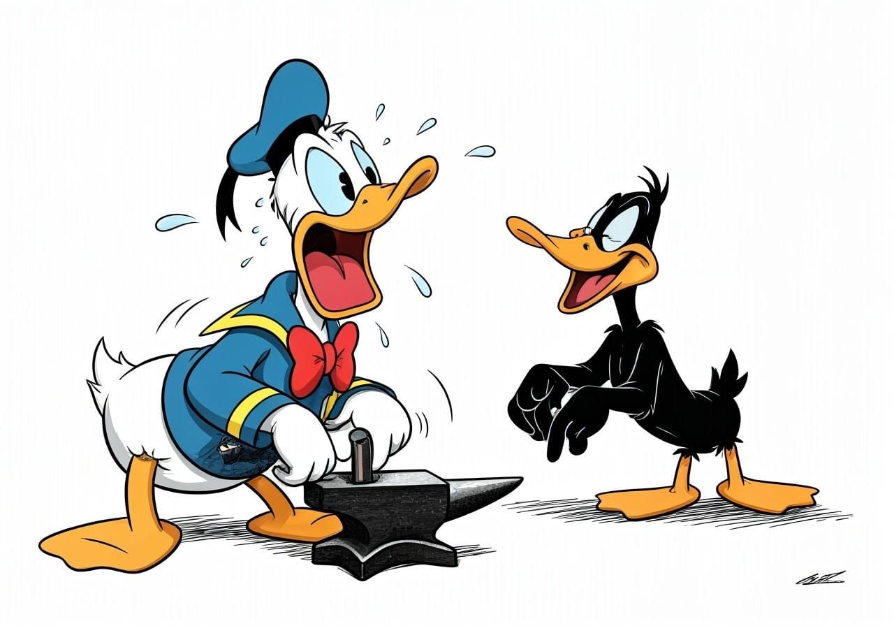 Donald Duck in Agony with Anvil on Flipper, in Whimsical Ink...