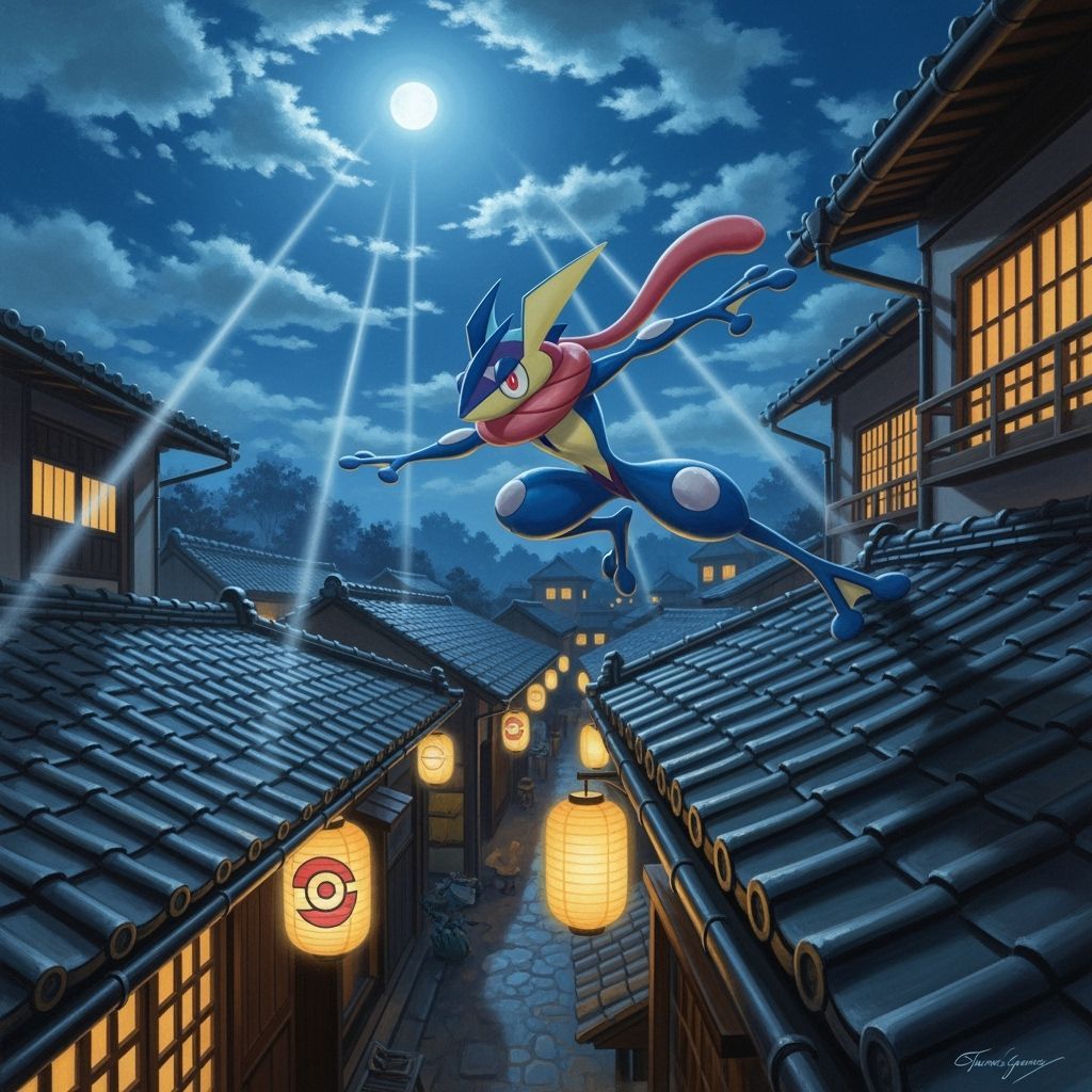 Greninja's Moonlit Leap in Japanese Village Oil Painting