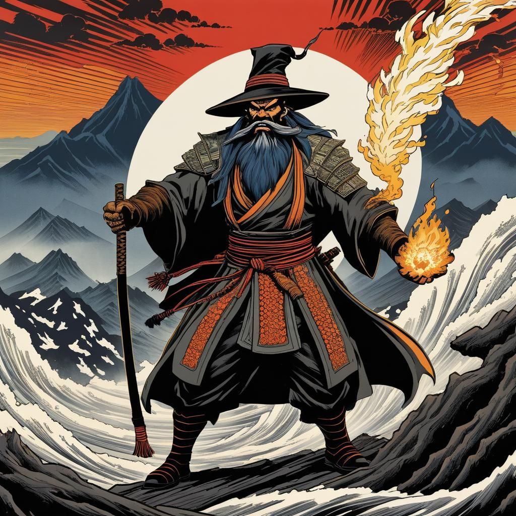 Bugbear Warlock Casts Eldritch Blast in Ukiyo-e Style