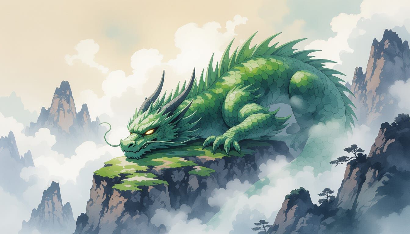 Ancient Stone Dragon Slumbers in Misty Peaks