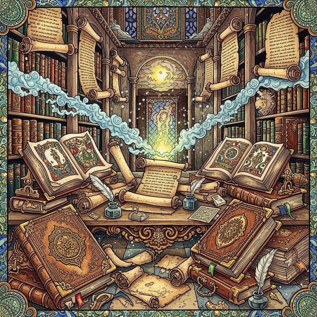 ancient archive with insanely detailed  papyrus scrolls and ...