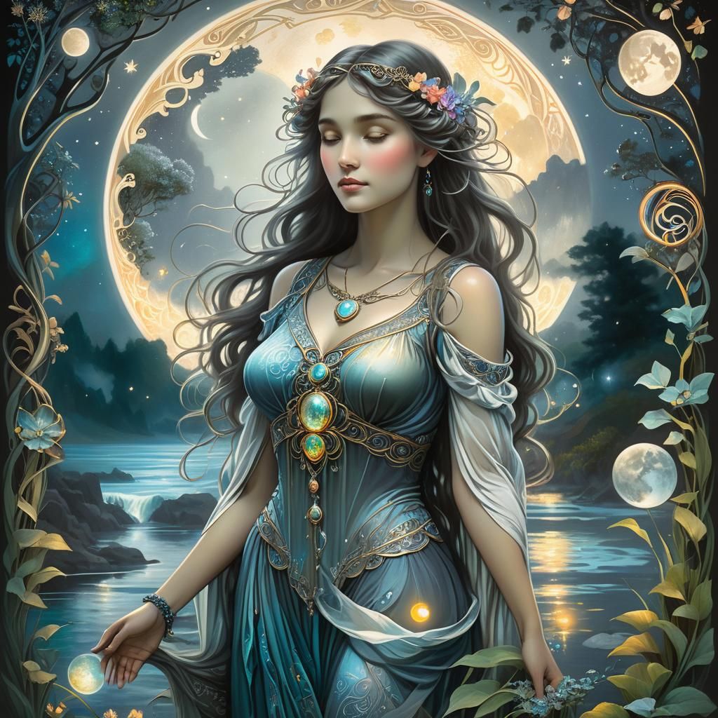 Mystical Woman in Ethereal Landscape: Charcoal Drawing