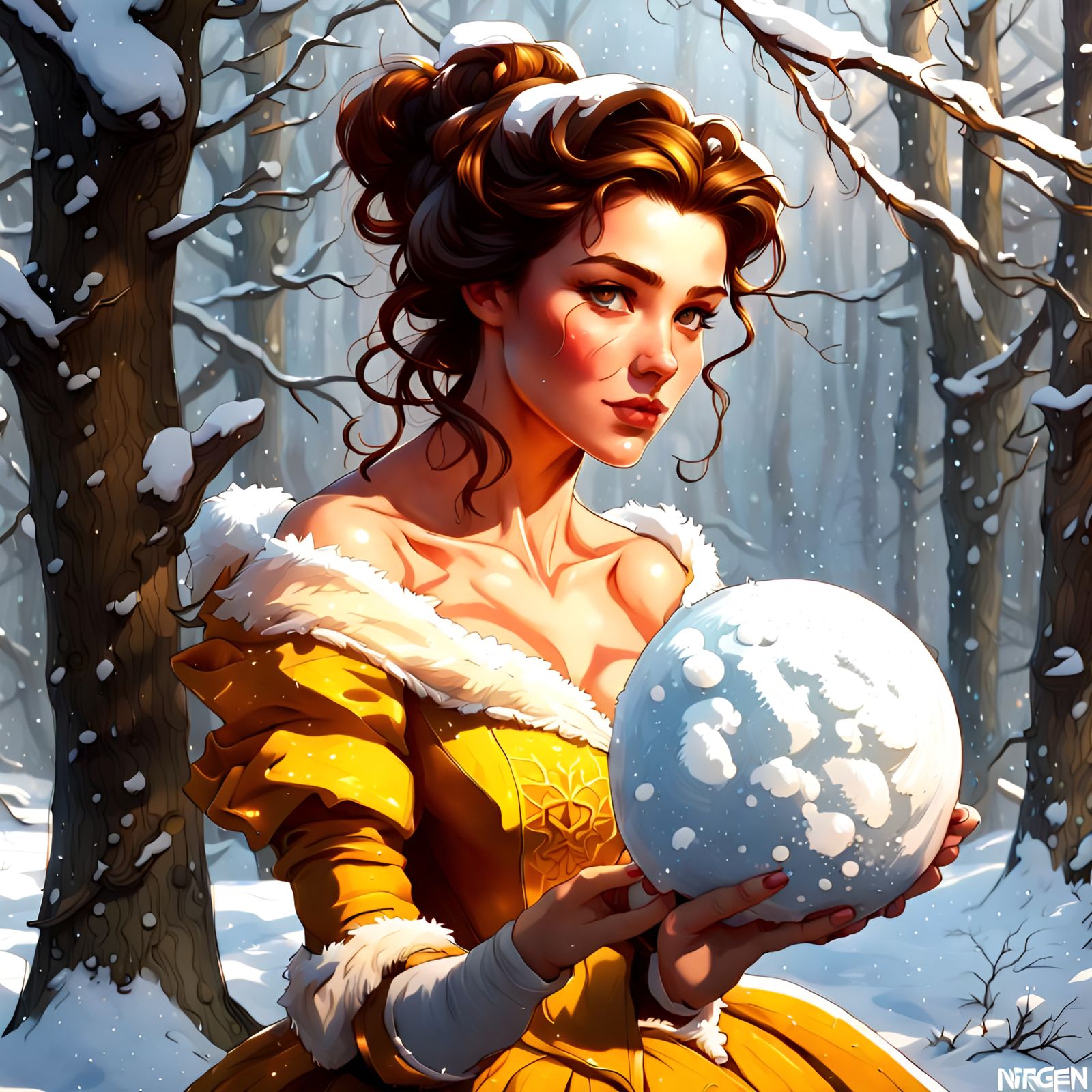 Princess Belle Portrait with Snowball, Digital Art