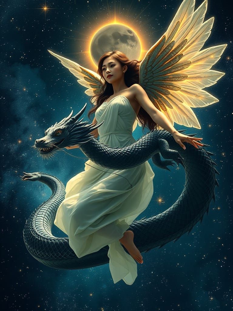 Celestial Angel and Obsidian Dragon in Starry Universe