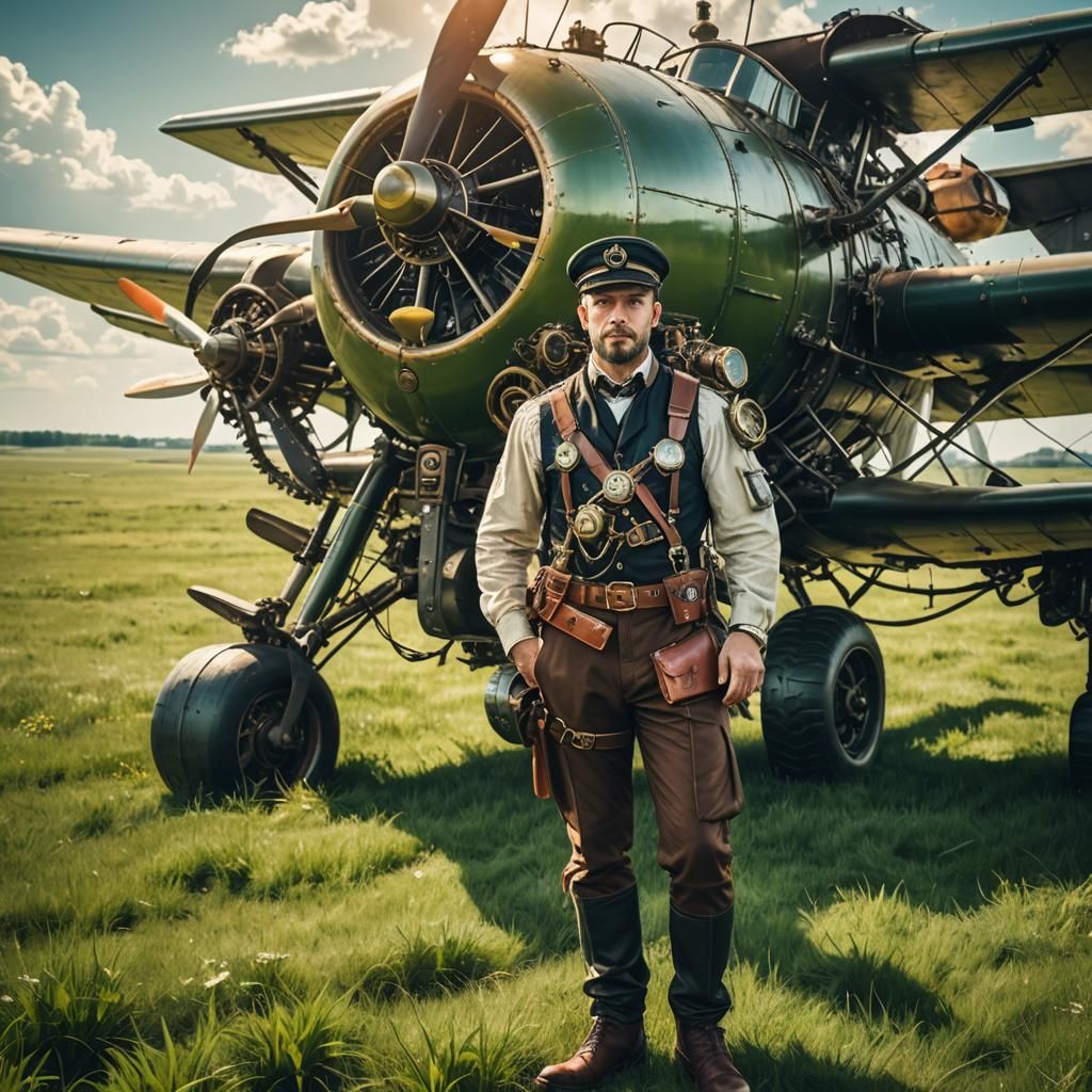 Pilot and Steampunk Plane on Sunny Day