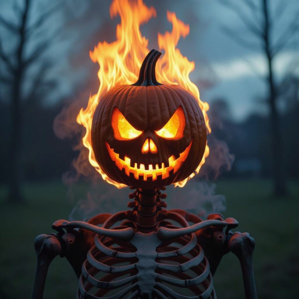 Skeleton with Fiery Jack-o'-Lantern Head
