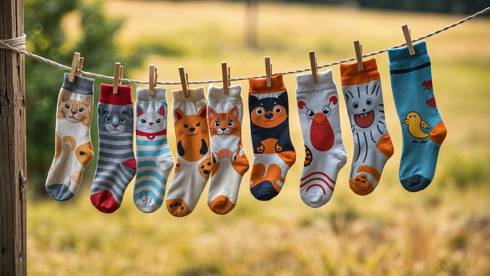 Animal Socks on Clothesline in Ultra Realistic Style