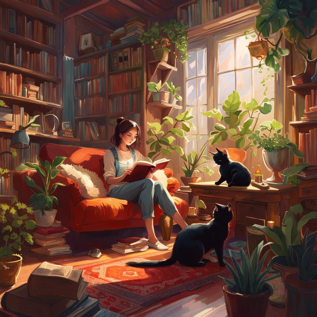 Girl Reading with Cats in Cosy Living Room