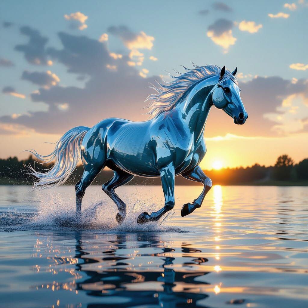 Water Stallion Gallops on Serene Lake at Dawn