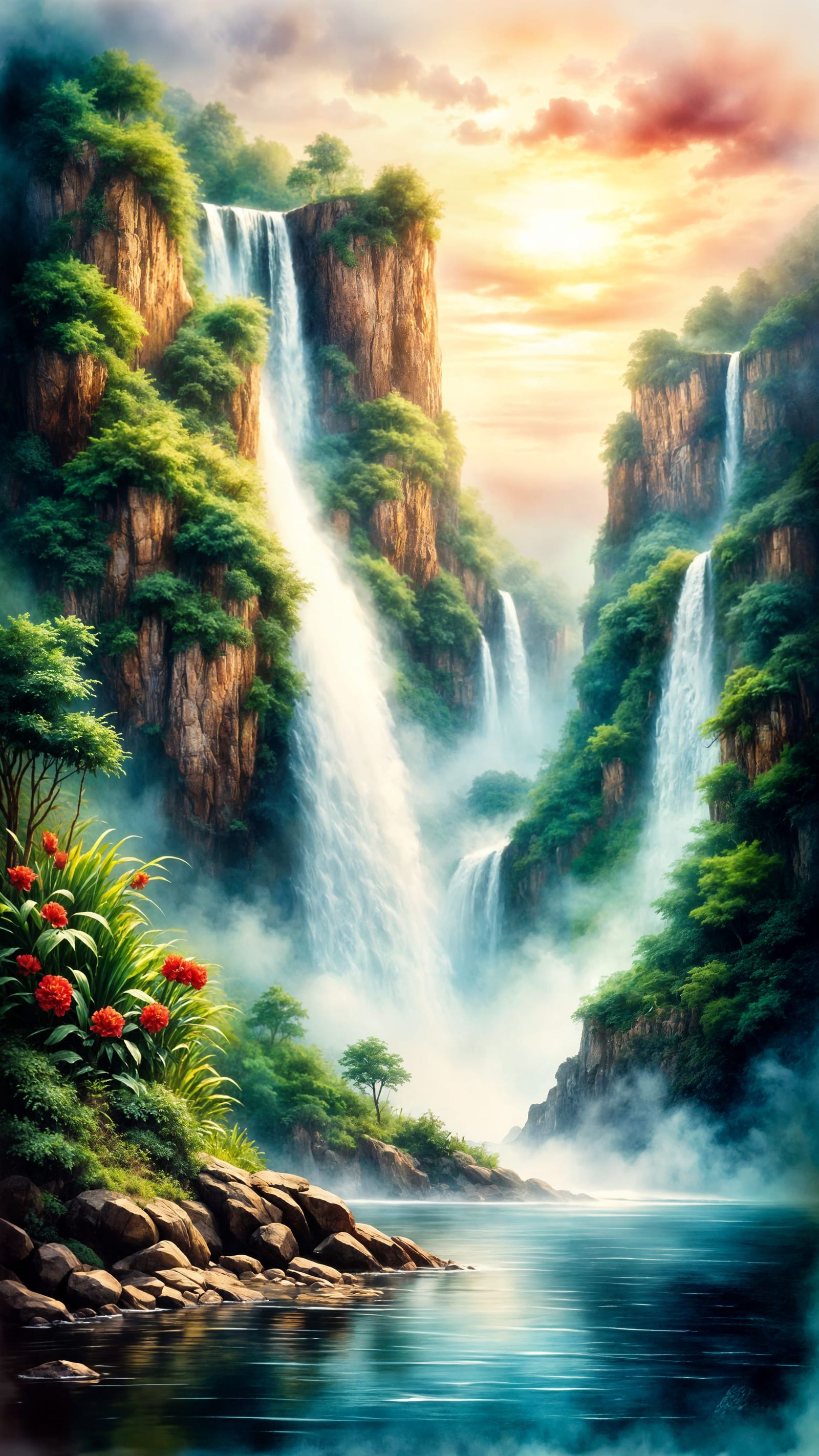 Antique Watercolor Angel Falls in Morning Light