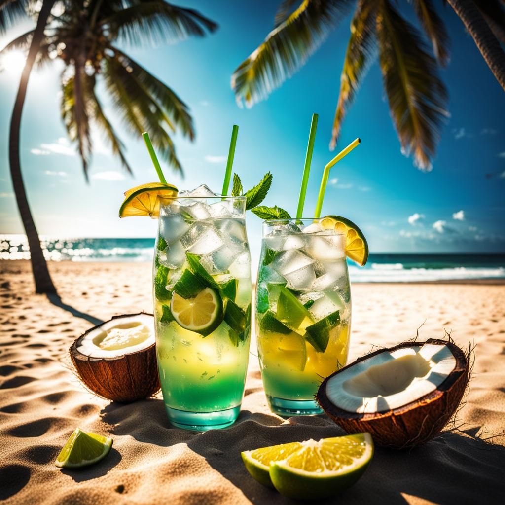 Beach Party Scene with Coconut Cocktails in HDR