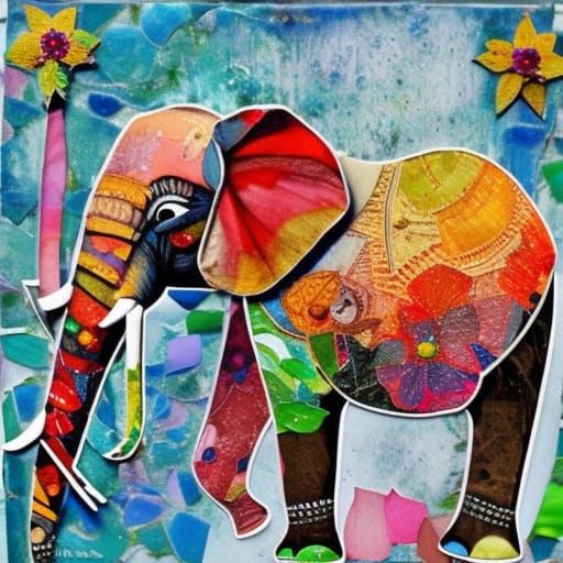 Elephant Collage with Watercolour and Mosaic Elements