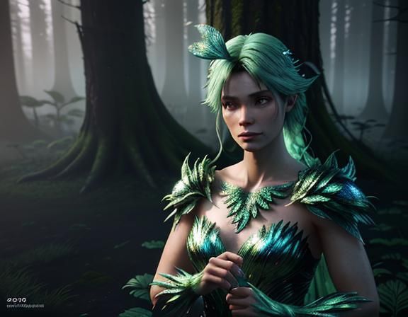 Female Amphiboid in Mystical Forest, 3D Render