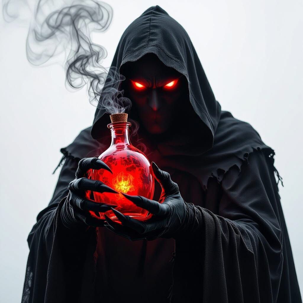 Shadow Man Holds Glowing Potion Bottle