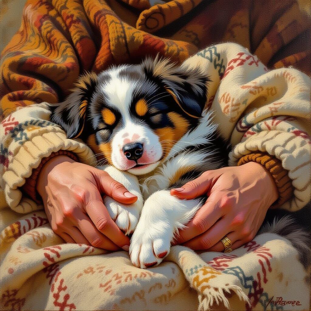 Sleeping Australian Shepherd Puppy in Rustic Oil Painting