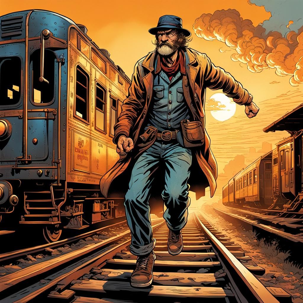 Hobo Hopping Train in Comic Book Art Style