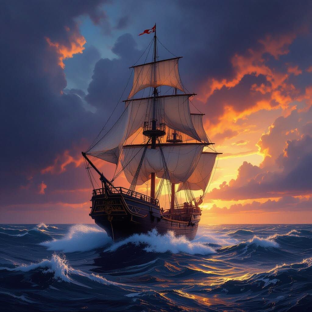 Majestic Ship Navigates Stormy Seas in Painterly Style