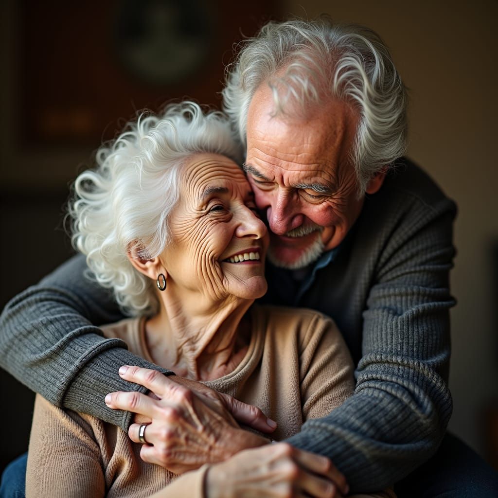 Loving Embrace: Elderly Couple Sharing a Tender Moment