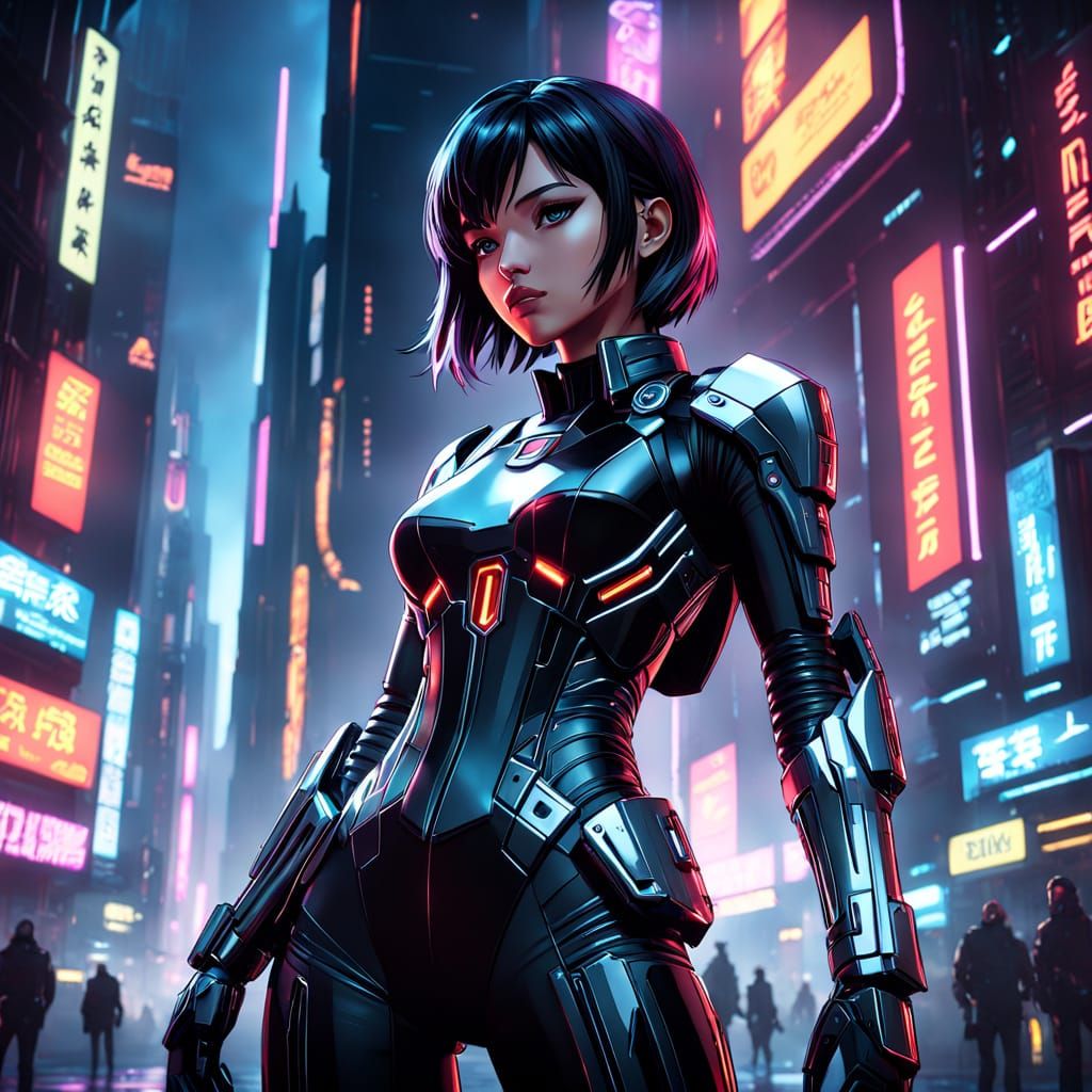 Girl in Futuristic Cyberpunk Cityscape
