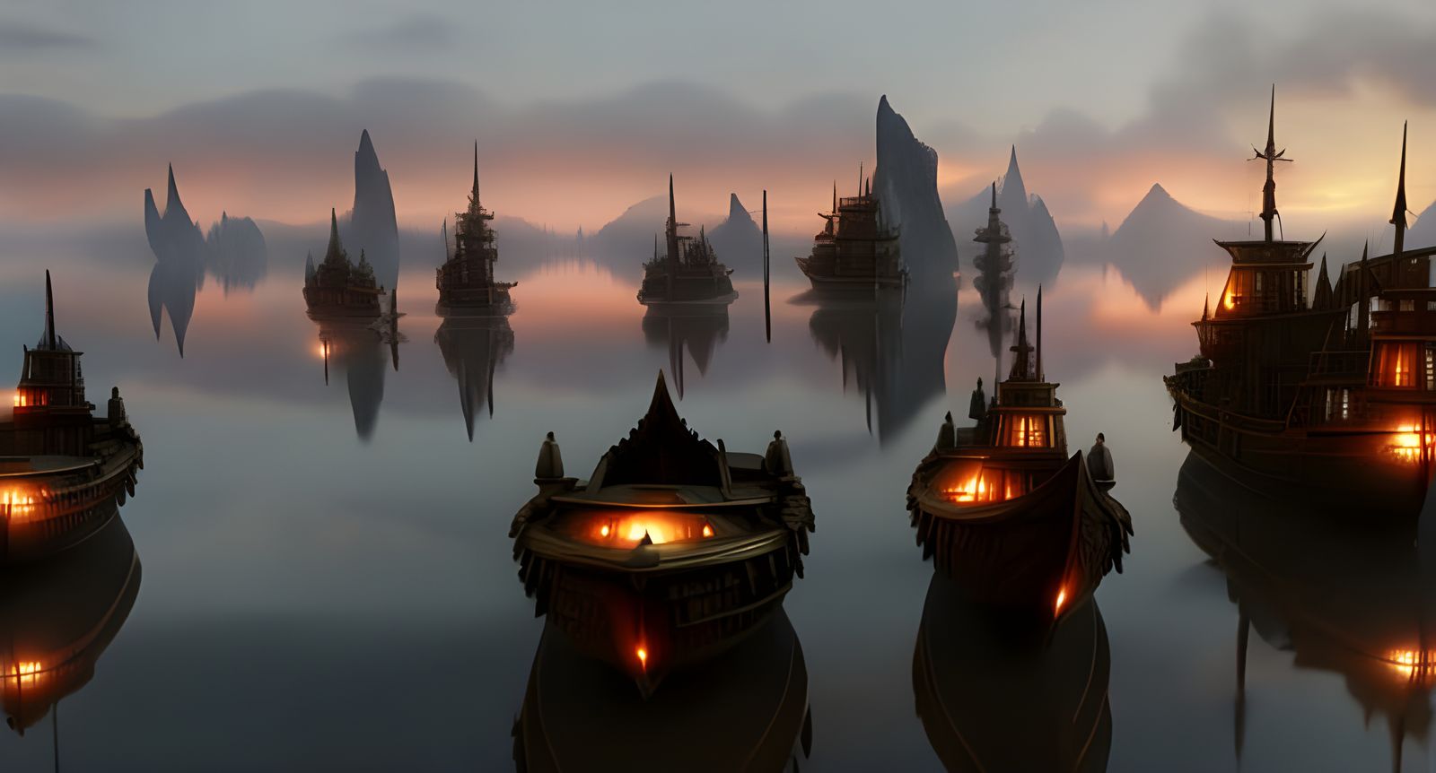 Viking Ships on Lake at Sunset: Ethereal Fantasy