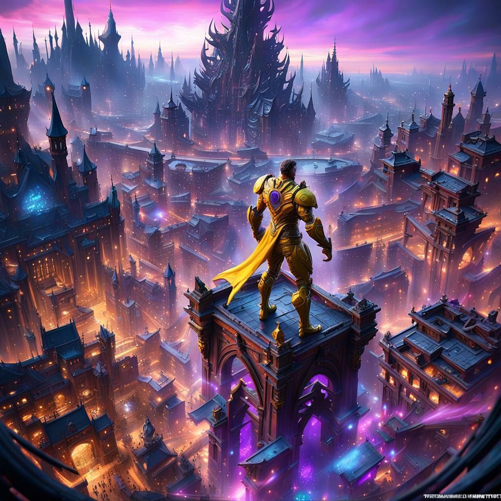 Violet and Yellow Armored Superhero Concept Art