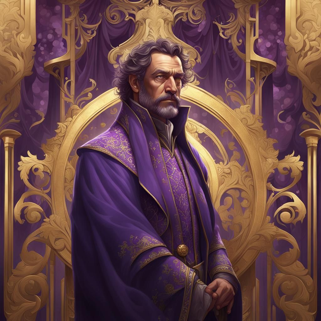 Ornate Purple and Gold Curtain Portrait in Art Nouveau Style
