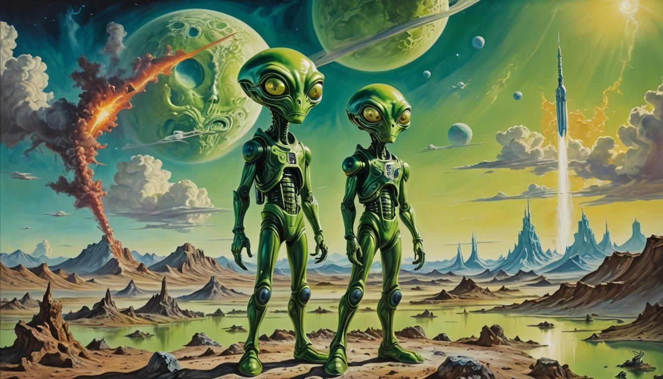 Green Alien on Moon in Surrealist Melting Oil Style