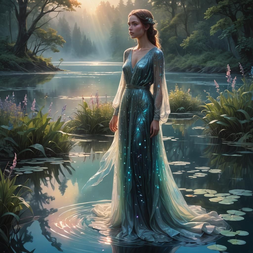 Ethereal Woman in Iridescent Gown by Dreamscape Lake