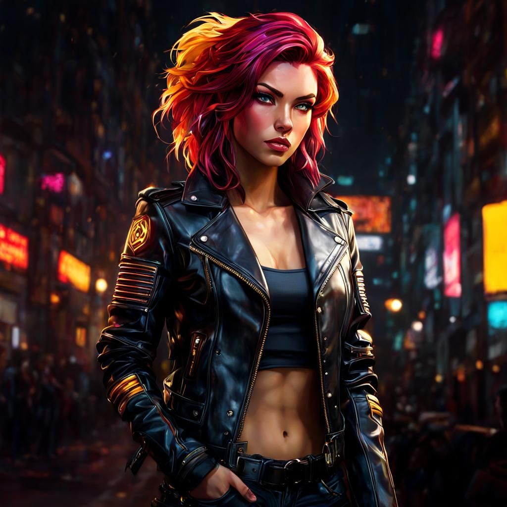 Cyberpunk Portrait of Woman in Leather Jacket