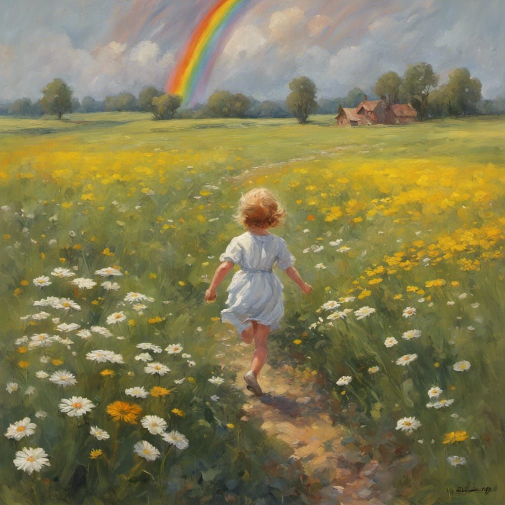 Whimsical Figure Runs Through Daisies: Oil Painting