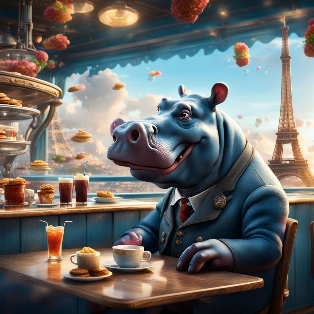 Sneezing Hippo in Paris: Matte Painting