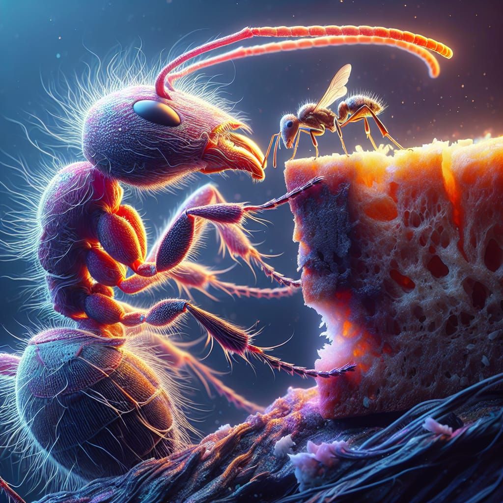 Macro photography of tiny ant holding bread