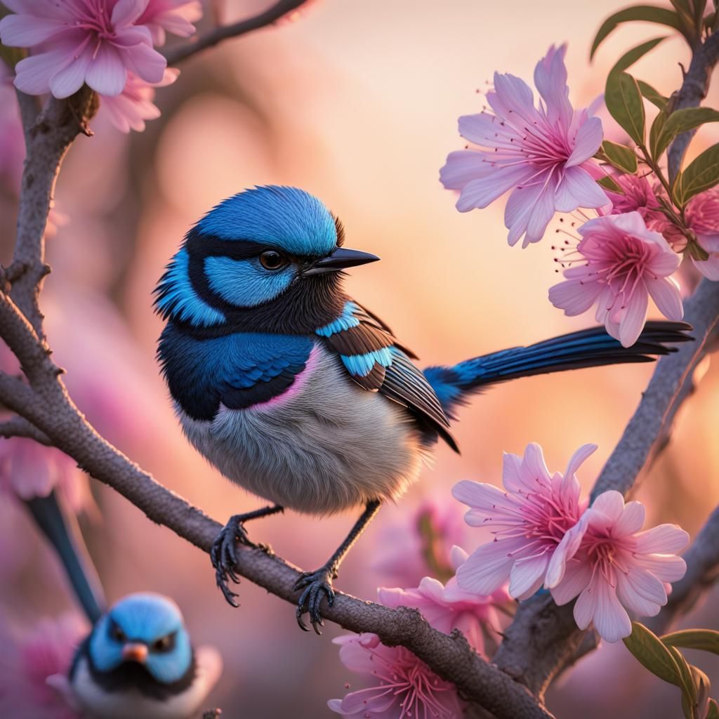Hyperrealistic Blue Fairy Wren at Golden Hour