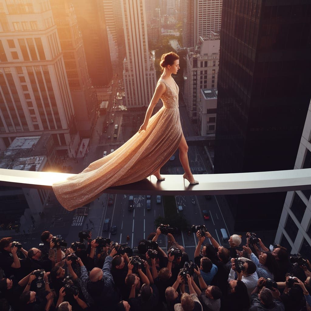 Elegant Model Walks Razor's Edge Above Cityscape in Sunset G...