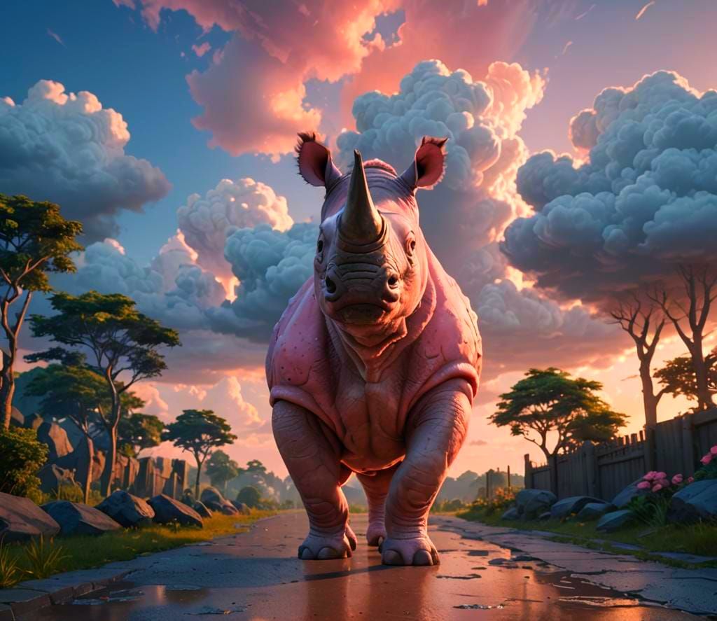Pink Cloud Rhino in Hyperrealistic Anime Style