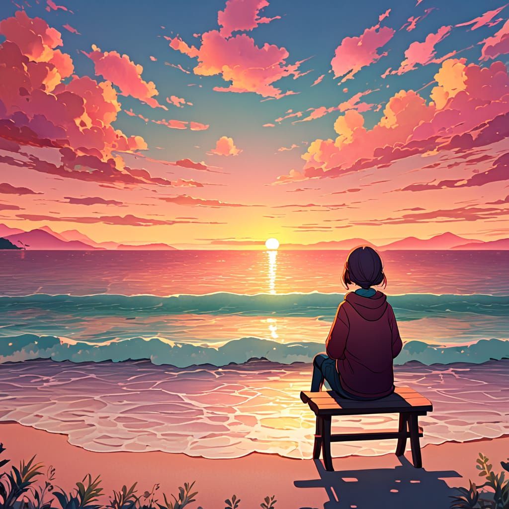 Surreal Beach Sunset in Vibrant Anime Style