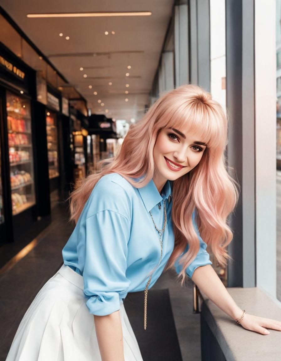 Teenager with Rose Gold Hair in Mall