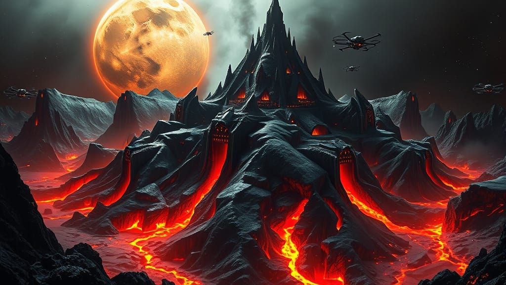 Menacing Lunar Fortress in Fiery Volcano Lair