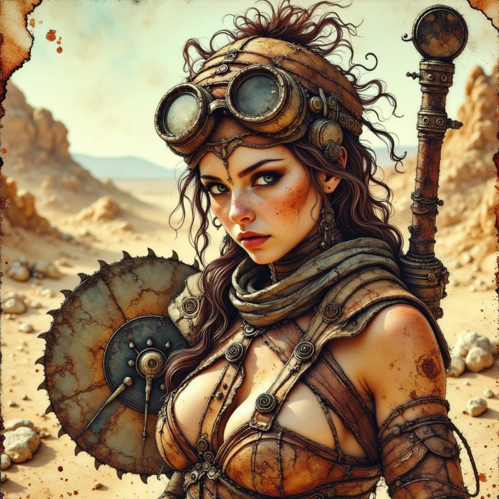 Battle-Scarred Road Warrior in Rust-Colored Wasteland