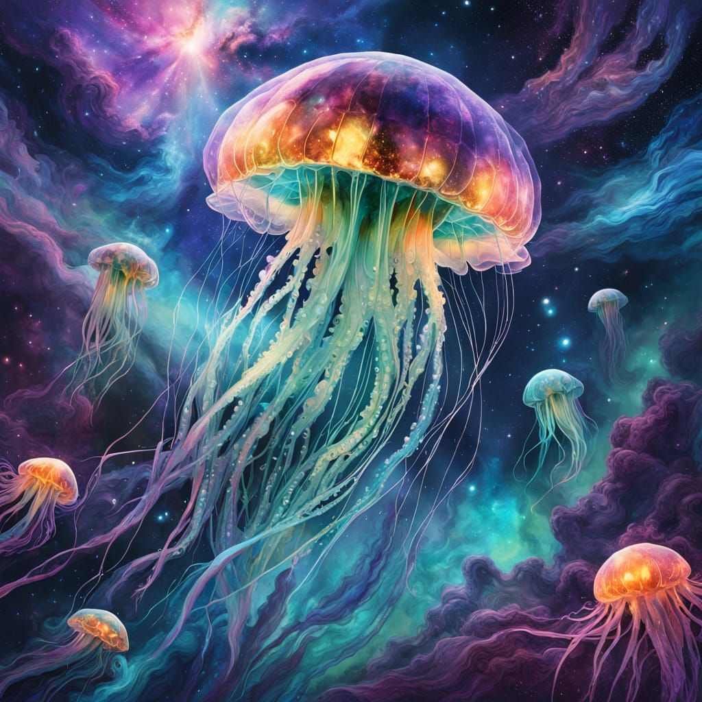 Bioluminescent Jellyfish Drifting in Cosmic Dreamscape