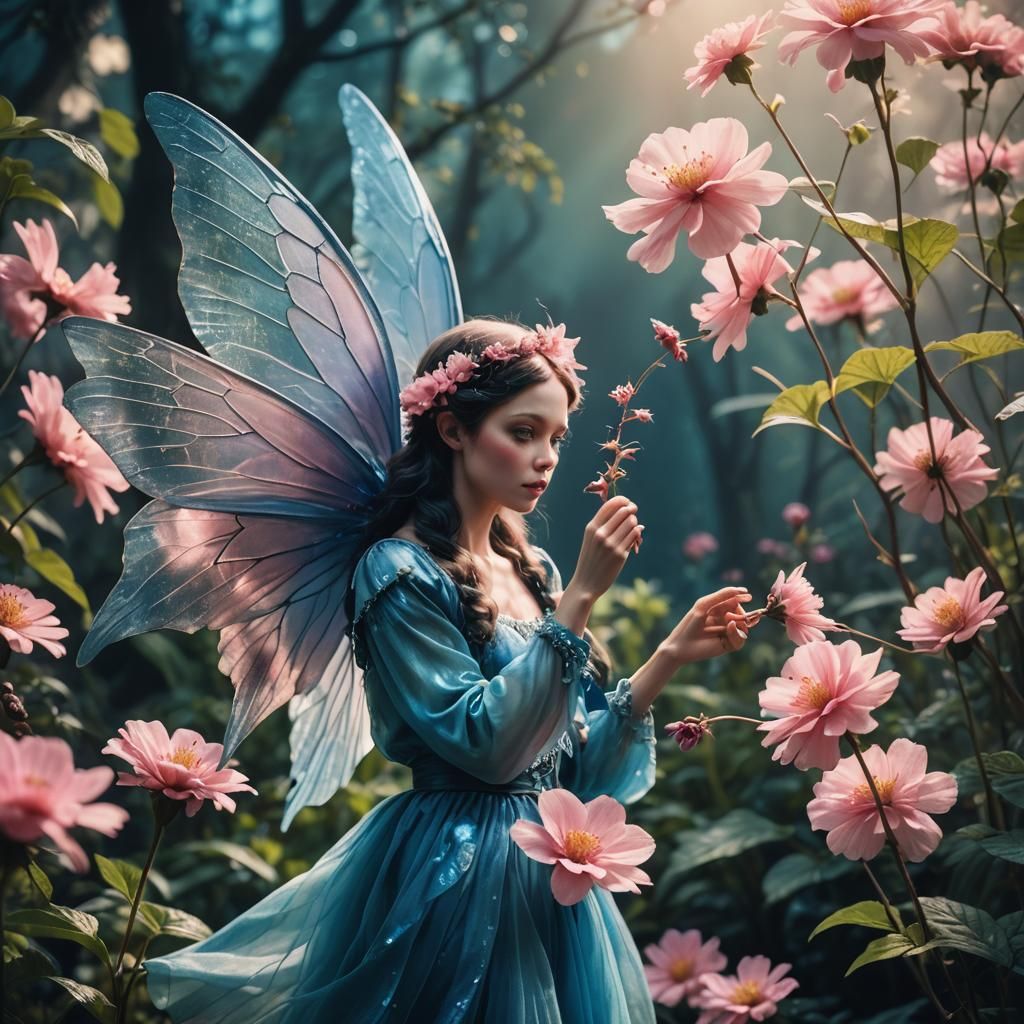 Blue Fairy with Pink Flower in Cinematic Style