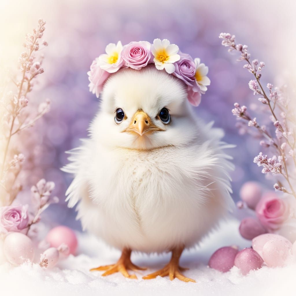 Whimsical Spring Chick in Floral Crown, Soft Focus